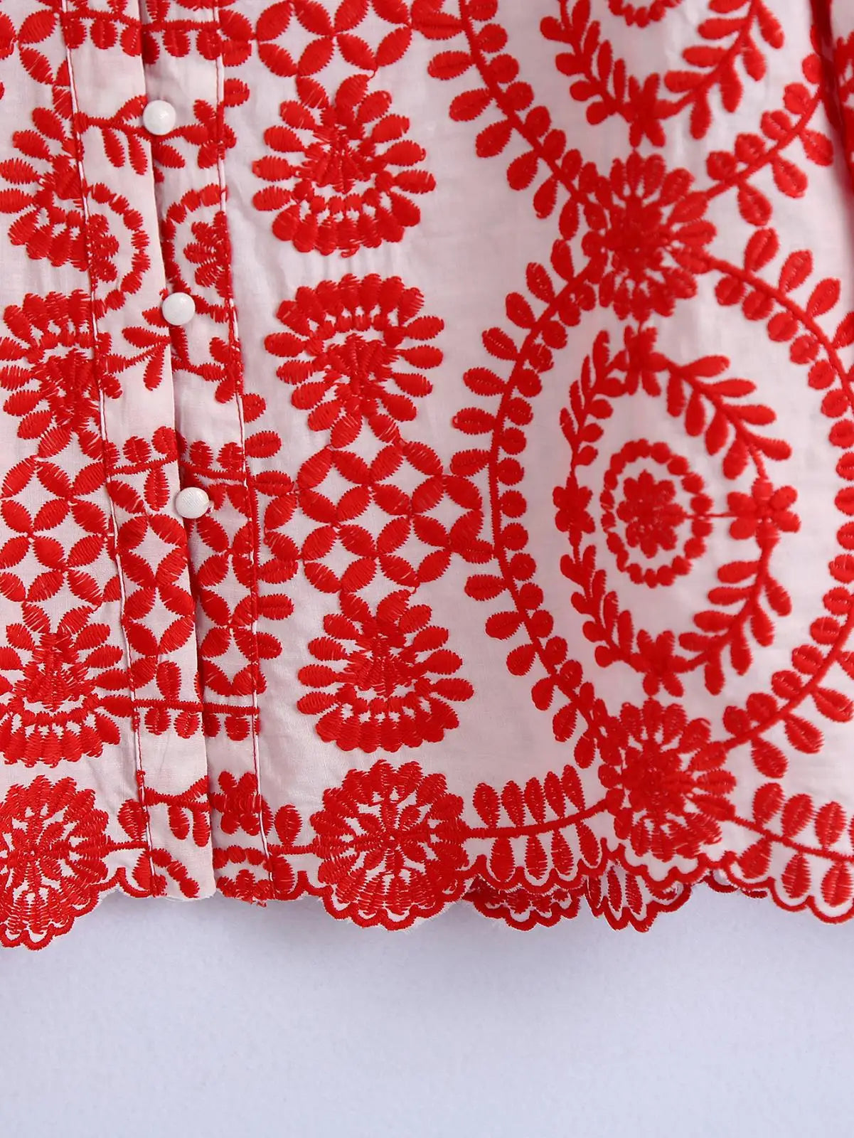 Women Red Floral Embroidered Shirt V Neck Long Sleeve Blouse Down Bohemian T-Shirt Casual Vacation Style Summer Clothing    Your Coastal Marketplace | Shoreshopper.com