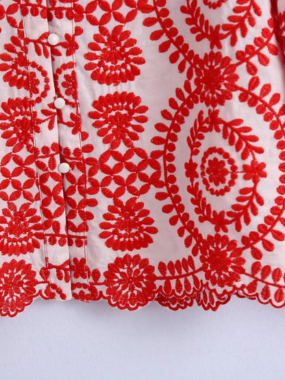Women Red Floral Embroidered Shirt V Neck Long Sleeve Blouse Down Bohemian T-Shirt Casual Vacation Style Summer Clothing    Your Coastal Marketplace | Shoreshopper.com