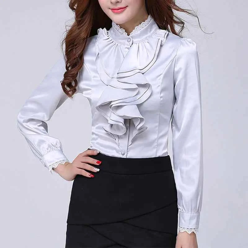 Women Shirts Long Sleeve   Spring Autumn Button Up Tops Fashion Lady Stand Collar Shirt Solid Color Female Elegant Blouses