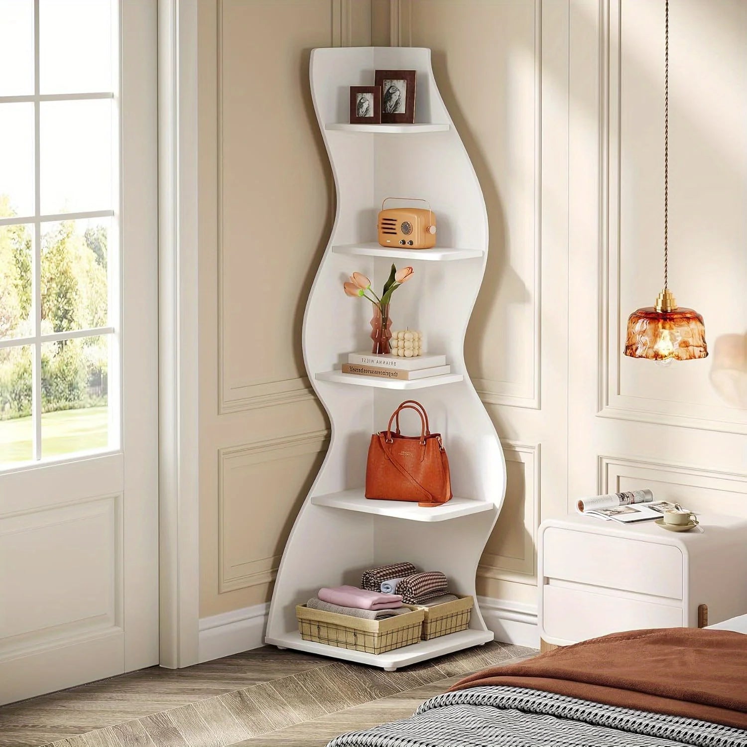5-Tier Wave Bookshelf  Modern curved corner shelf with metal frame and wooden shelves, white finish, sturdy floor design bedroom    Home Decor Supply | Online Retail | ShoreShopper.com