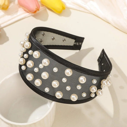 Headwear Mesh Pearls Headband Creative Beads Rhinestone Wide Hair Hoop Solid Color Waterproof Black White Hairband Wash Face    Your Coastal Marketplace | Shoreshopper.com
