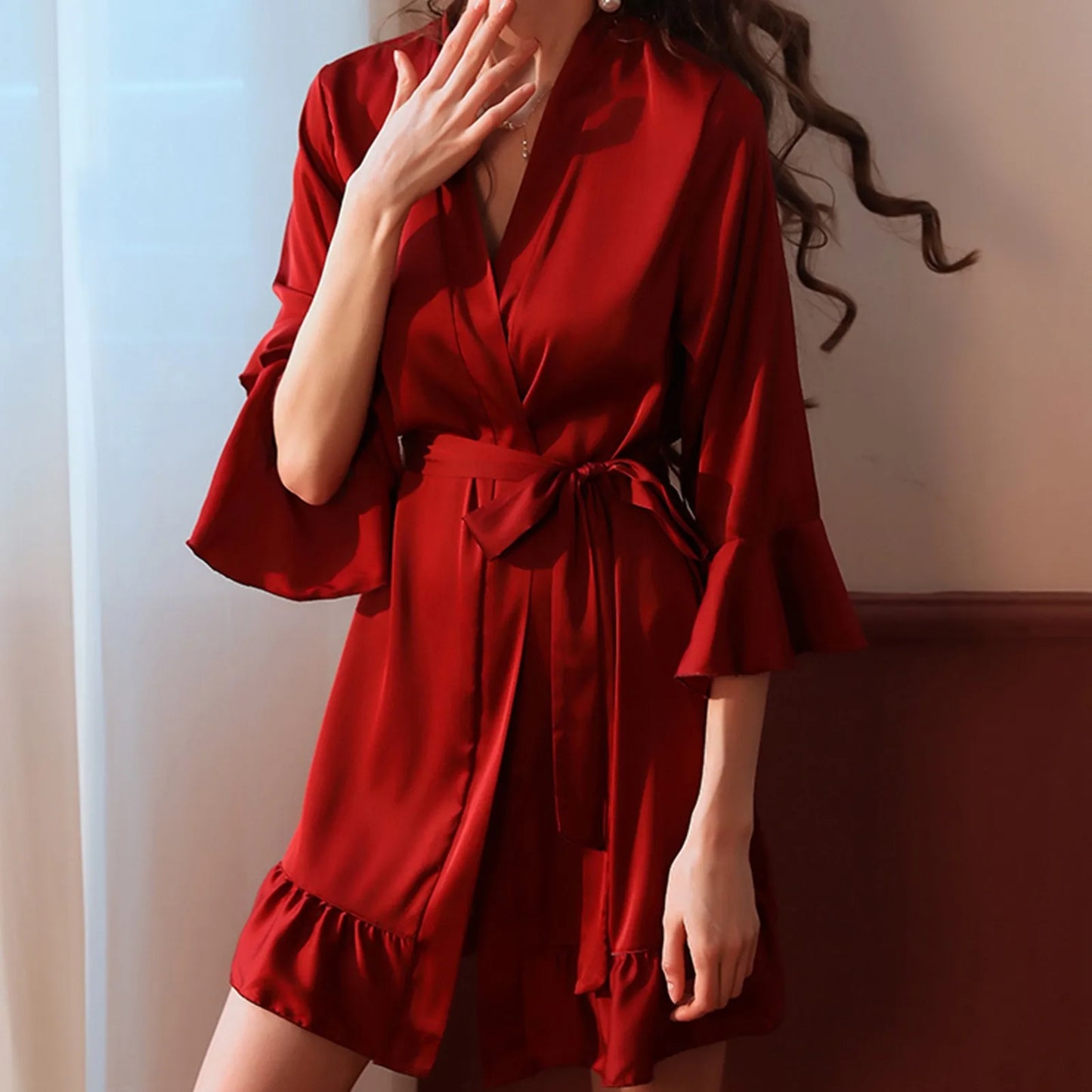 Sexy Flare Sleeve Kimono Gown Women Wedding Robe Silk Rayon Home Dress Elegant Ruffle Sleepwear Cozy Nightgown Intimate Lingerie - ShoreCo.Shop