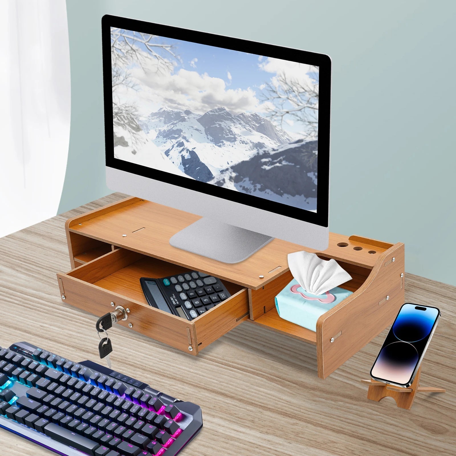 Wooden Desk Organizer W/ Drawer File Storage Desk Monitor Riser Computer Stand    Home Decor Supply | Online Retail | ShoreShopper.com