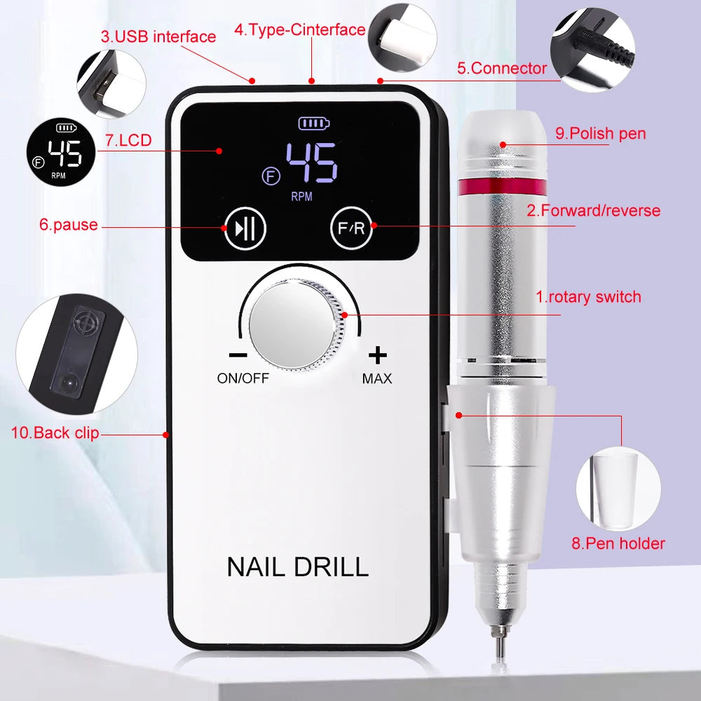 45000RPM Professional Nail Drill Machine Rechargeable Low Noise Electric Nail Drill Sander File for Manicure Gel  Polish Tool    Home Decor Supply | Online Retail | ShoreShopper.com