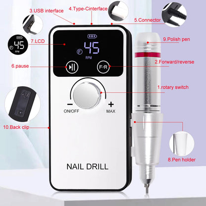 45000RPM Professional Nail Drill Machine Rechargeable Low Noise Electric Nail Drill Sander File for Manicure Gel  Polish Tool    Home Decor Supply | Online Retail | ShoreShopper.com