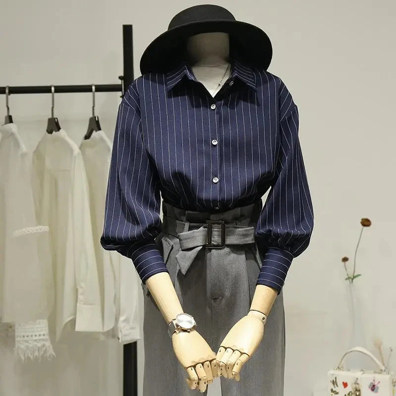 Striped Shirt Women Summer Vintage Chic Loose Long Sleeve Top Y2K Office Ladies Fashion Casual Turn Down Collar All Match Blouse    Your Coastal Marketplace | Shoreshopper.com