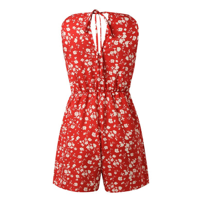 Fashion Women Romper Floral Printed Halter Neck High Waist Sleeveless Jumpsuits Summer Vintage Lace Up Casual Beach Overalls - ShoreCo.Shop