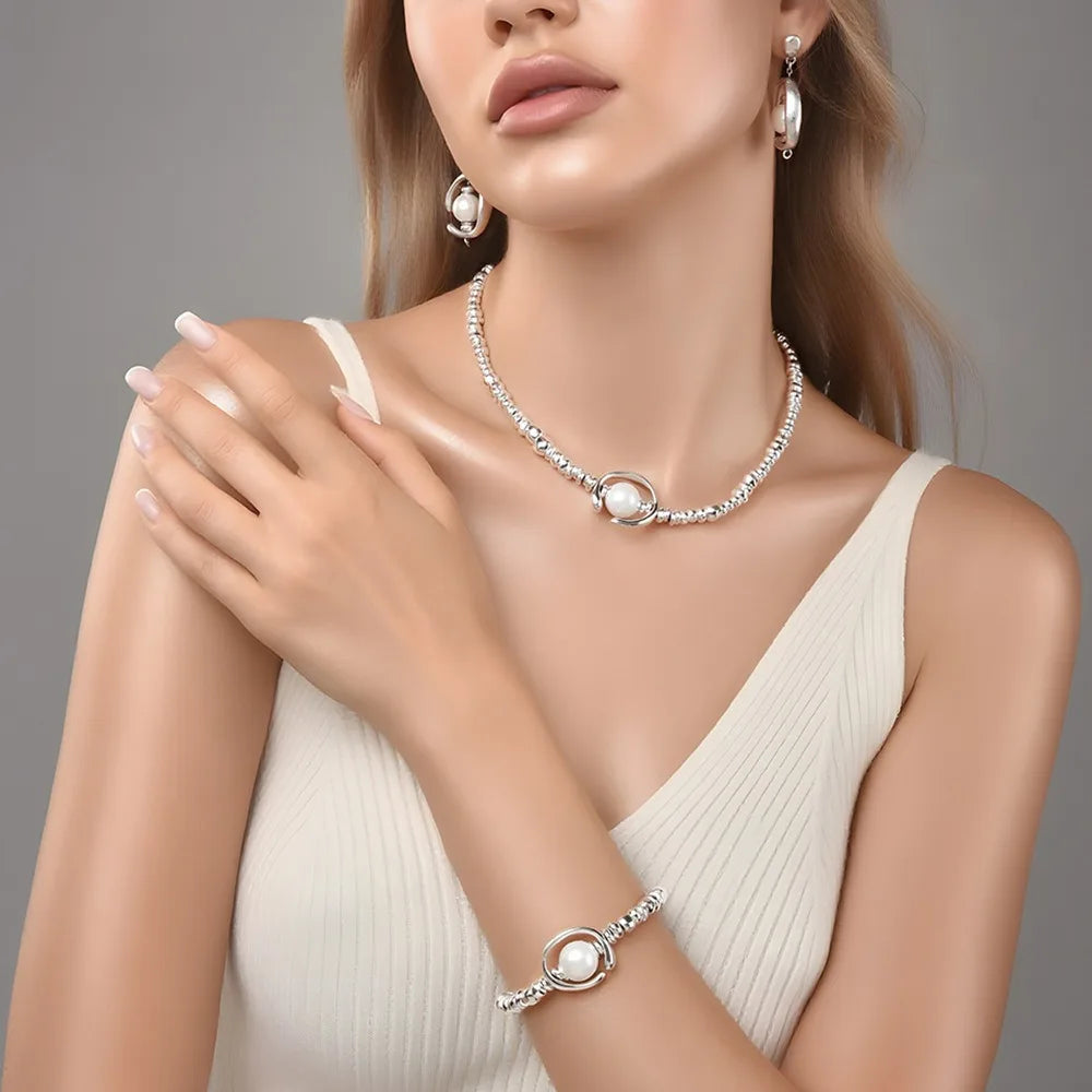 Pearl Jewelry Set, Gold Silver Necklace Earrings Bracelet Set, Elegant Wedding Party Jewelry For Women Gifts    Home Decor Supply | Online Retail | ShoreShopper.com