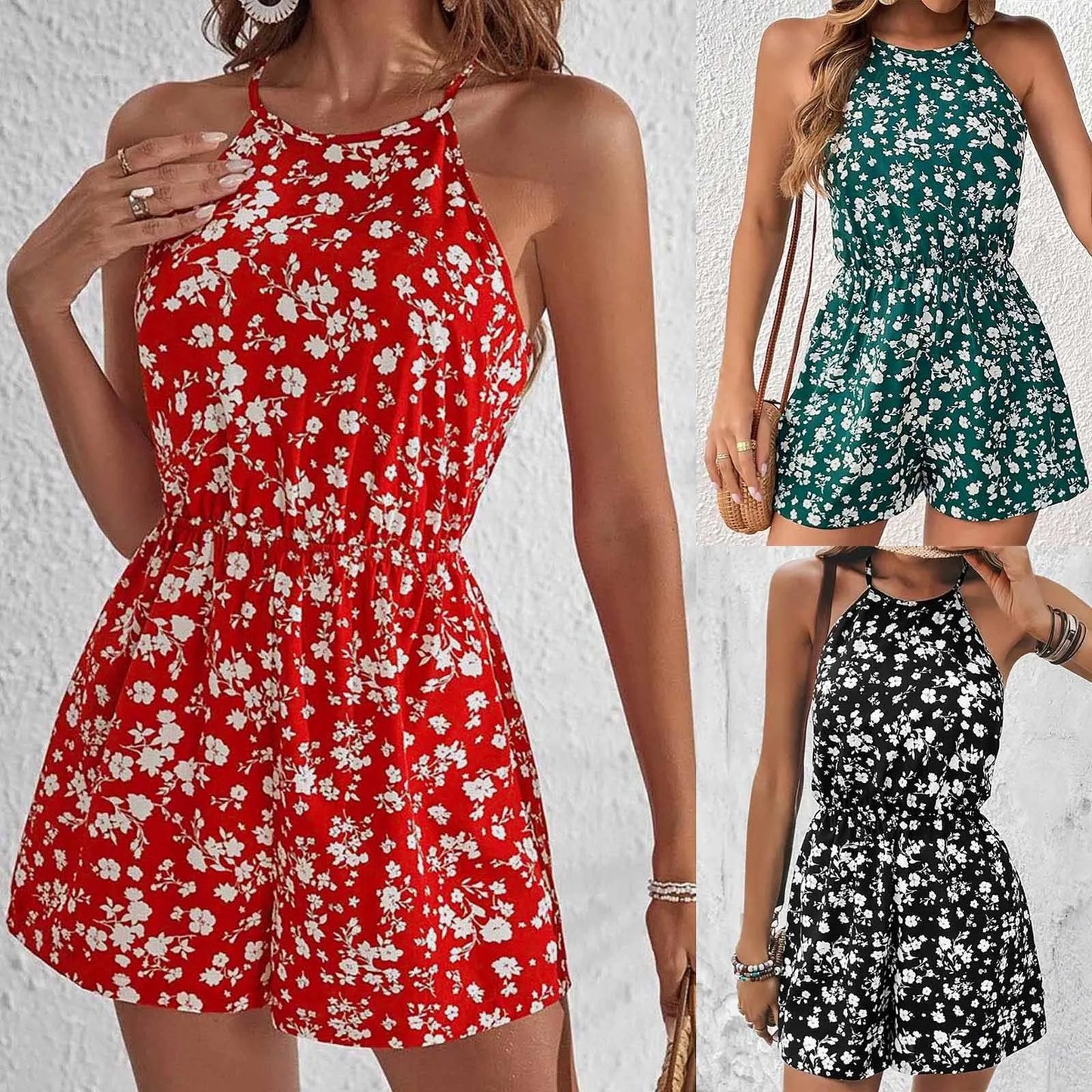 Fashion Women Romper Floral Printed Halter Neck High Waist Sleeveless Jumpsuits Summer Vintage Lace Up Casual Beach Overalls - ShoreCo.Shop