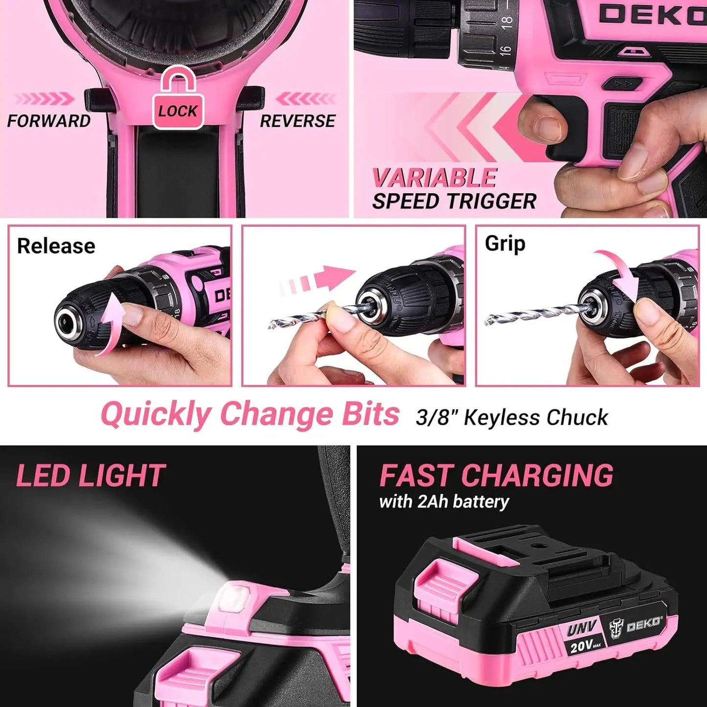 DEKO Pink Drill Tool Kit Set: 20V Cordless Power Drill Tool Box with Battery Electric Drill Driver    Home Decor Supply | Online Retail | ShoreShopper.com