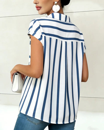 Women's Blouse Shirt Summer Top Navy White Top Vertical Stripe V Neck Short Sleeve Sleek Stylish Daily Shirt Casual Tops    Your Coastal Marketplace | Shoreshopper.com