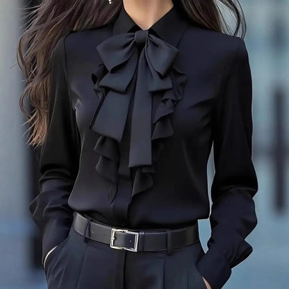 Women Shirts 2026 Spring Autumn Women Shirt Lapel Bow Ruffle Design Long Sleeve Shirt Tops Buttons Closure Shirt Blouses Tops    Your Coastal Marketplace | Shoreshopper.com