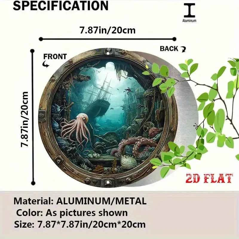 Nautical Porthole Wall Decor - Underwater Shipwreck Scene Metal Sign, Easy Hang Indoor Decoration for Living Room,  Wedding Gift
