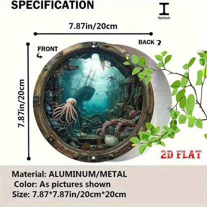 Nautical Porthole Wall Decor - Underwater Shipwreck Scene Metal Sign, Easy Hang Indoor Decoration for Living Room,  Wedding Gift