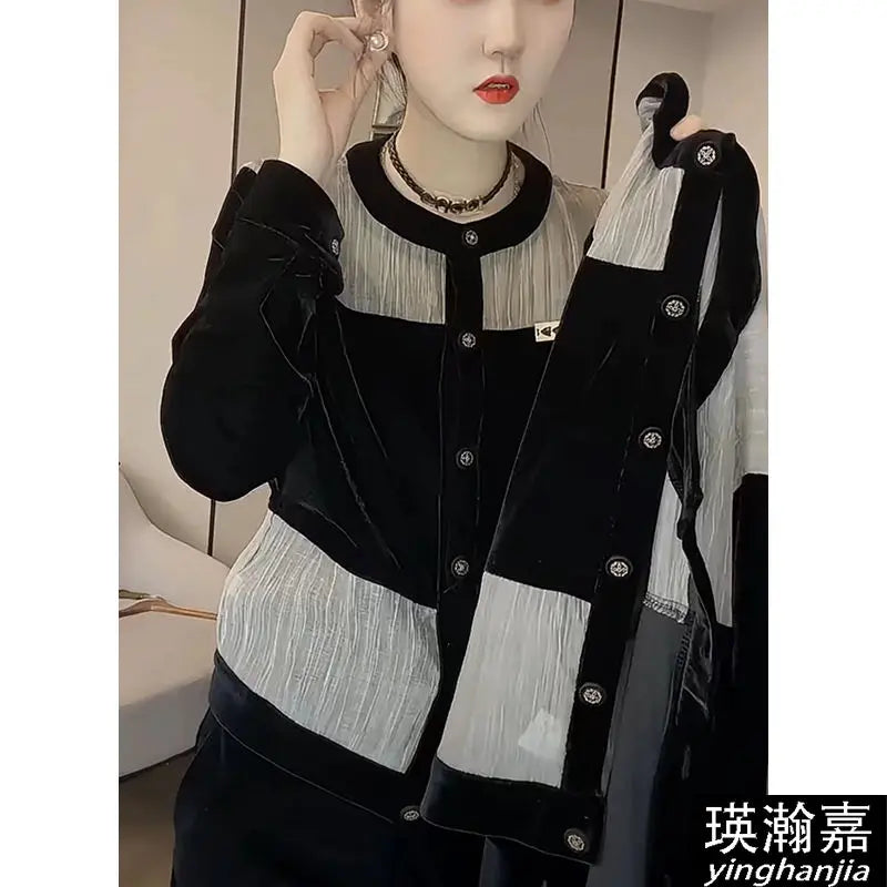 Fashionable Women's Shirt 2025 Autumn New Round Neck Single-breasted Cardigan Spliced   sequin Velvet Shirt    Your Coastal Marketplace | Shoreshopper.com