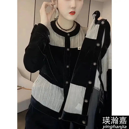 Fashionable Women's Shirt 2025 Autumn New Round Neck Single-breasted Cardigan Spliced   sequin Velvet Shirt    Your Coastal Marketplace | Shoreshopper.com