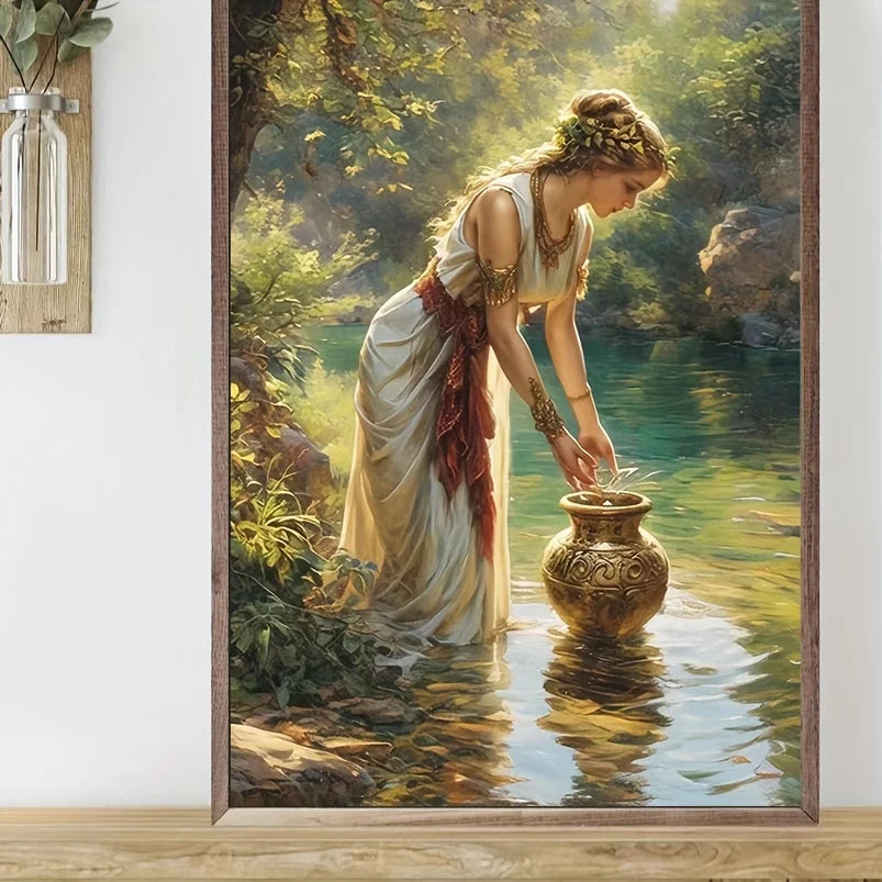 Elegant 3D Hand-Painted Canvas Oil Painting - Serene Forest Scene with Woman & Golden Vase, Abstract Home Wall Art    Home Decor Supply | Online Retail | ShoreShopper.com