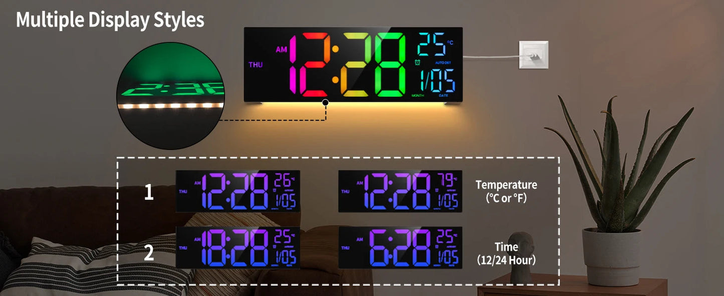 16" Large Digital Wall Clock, Big LED Display with Remote, 8 RGB Color, Alarm, DST, Temperature for Living Room, Kitchen    Home Decor Supply | Online Retail | ShoreShopper.com