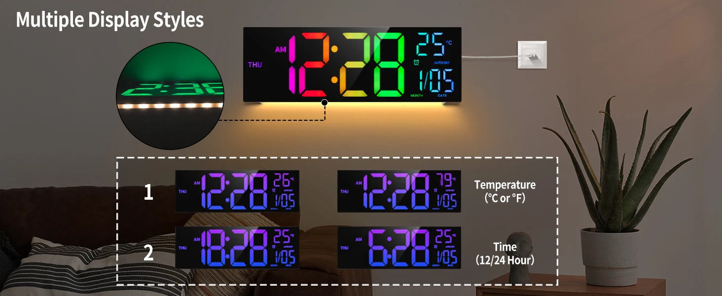 16" Large Digital Wall Clock, Big LED Display with Remote, 8 RGB Color, Alarm, DST, Temperature for Living Room, Kitchen    Home Decor Supply | Online Retail | ShoreShopper.com