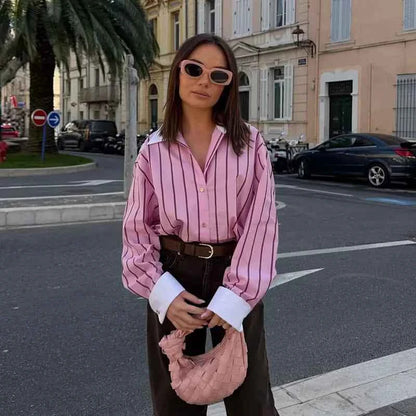 Women's Shirts Spring New Fashion Striped Loose Shirt Women Turn-down Collar Long Sleeves Casual Shirts Female Blouses Chic Tops