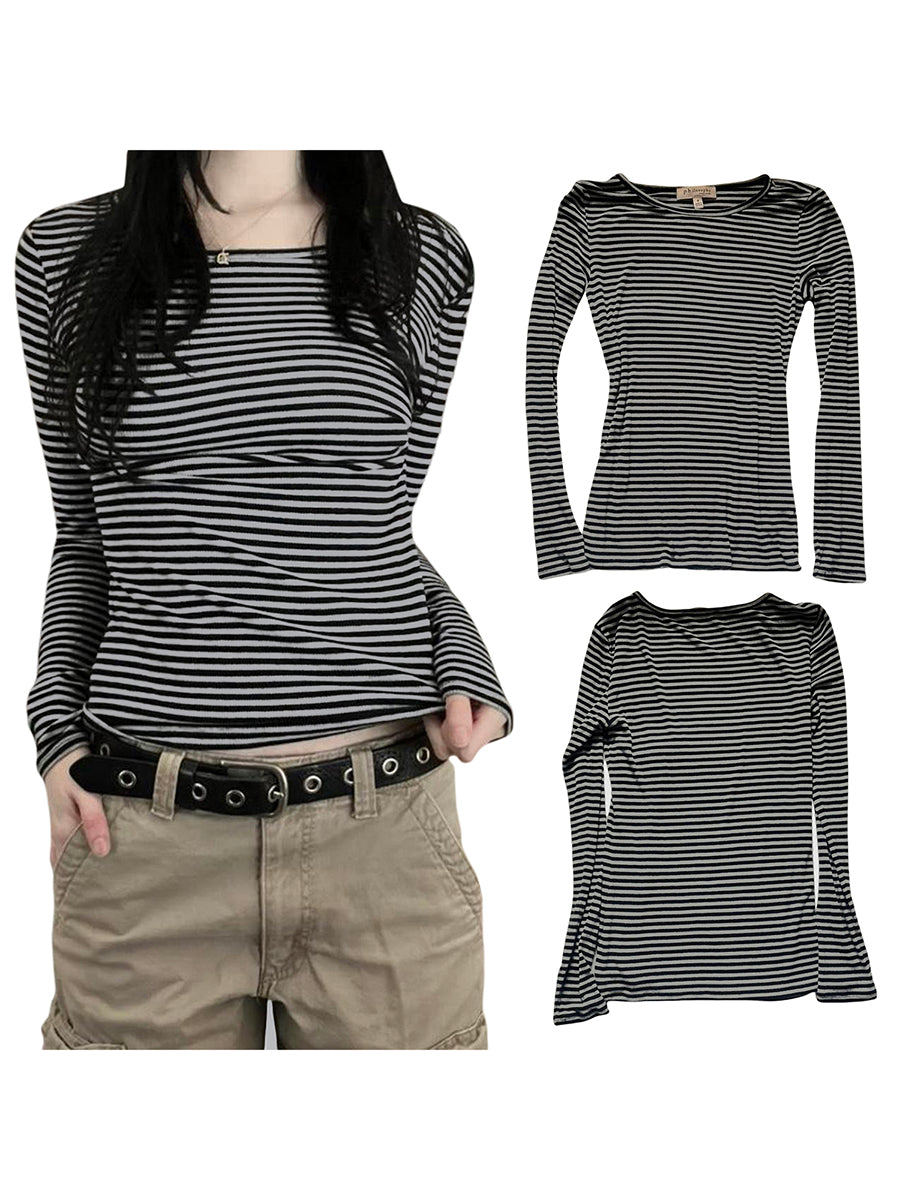 Long Sleeve Shirts for Women Fashion Casual Basic Crew Neck Striped Slim Fit T-shirt Going Out Blouses Y2K Vintage Tight Shirts    Your Coastal Marketplace | Shoreshopper.com