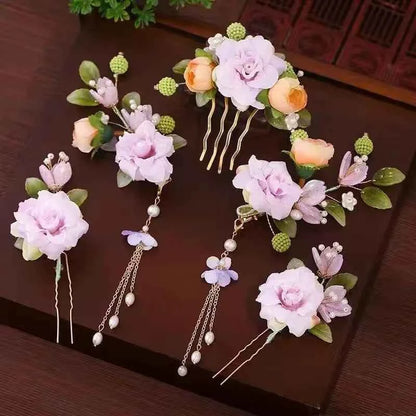 1 Set Ancient Headwear Hairpins Complete Super Immortal Made Headwear New Simple Pink flower Children's Ancient Headwear