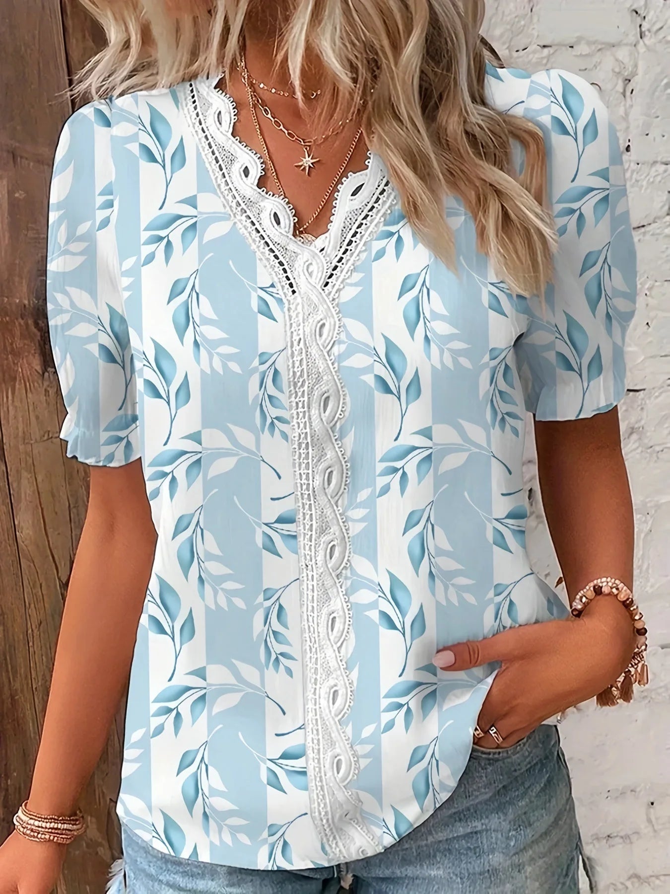 Women's Shirt Blouse  Violets White Plain Lace Short Sleeve Casual Basic V Neck Regular Plus Size    Your Coastal Marketplace | Shoreshopper.com