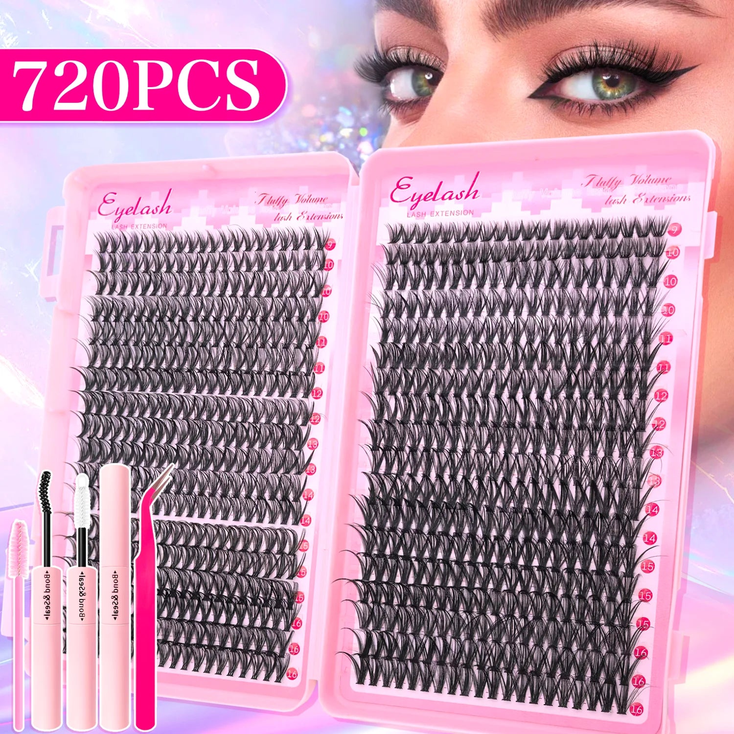 720/200pcs eyelash Extension Kit Fluffy Eyelash Extension kit with Lash Bond and Seal Lash Tweezers Thick Lash Clusters Wispy - ShoreCo.Shop
