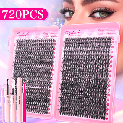 720/200pcs eyelash Extension Kit Fluffy Eyelash Extension kit with Lash Bond and Seal Lash Tweezers Thick Lash Clusters Wispy - ShoreCo.Shop