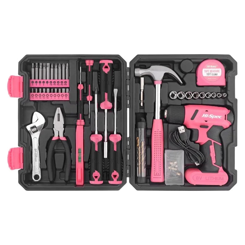 Hi-Spec 92-Piece Pink Home Tool Box Set, Multi-Function Hand Repair Kit with Hammer Cordless Power Drill Combo for Household DIY - ShoreCo.Shop