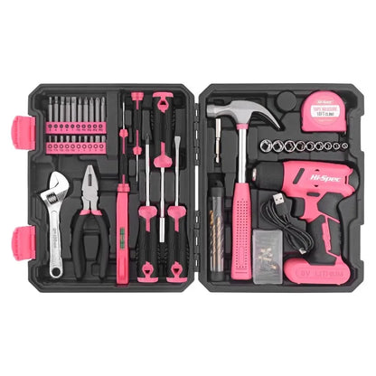 Hi-Spec 92-Piece Pink Home Tool Box Set, Multi-Function Hand Repair Kit with Hammer Cordless Power Drill Combo for Household DIY - ShoreCo.Shop