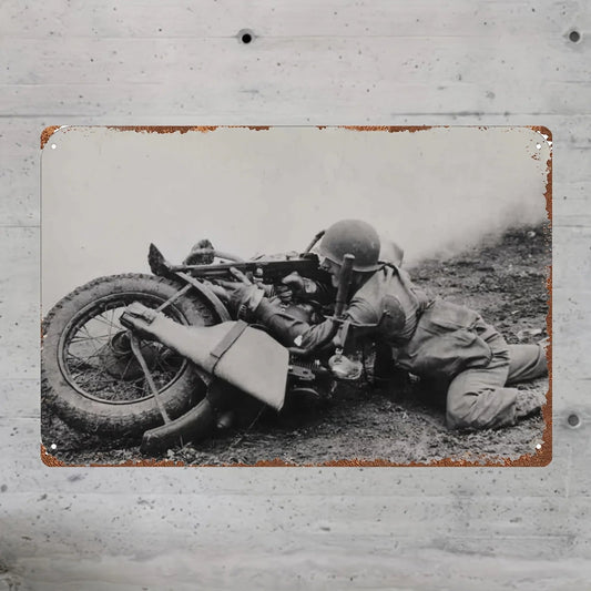 Vintage WWII Soldier Motorcycle Metal Tin Sign - Rustic Black & White Wall Art, Durable Iron Decor for Home & Military Fans    Home Decor Supply | Online Retail | ShoreShopper.com