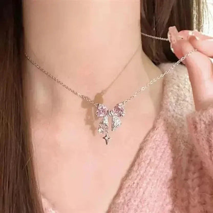 Fashion Fairy Pink Crystal Bow Knot Pendant Necklaces Y2K Girls Sweet Rhinestone Heart Clavicle Chain Women Jewelry Gifts    Home Decor Supply | Online Retail | ShoreShopper.com