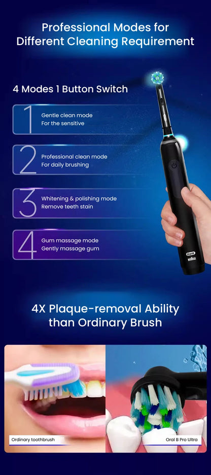 Oral B Pro 4 Ultra Electric Toothbrush 3D Rotation Rechargeable Teeth Brush Pressure Sensor 4 Brushing Modes 2 Min Timer - ShoreCo.Shop