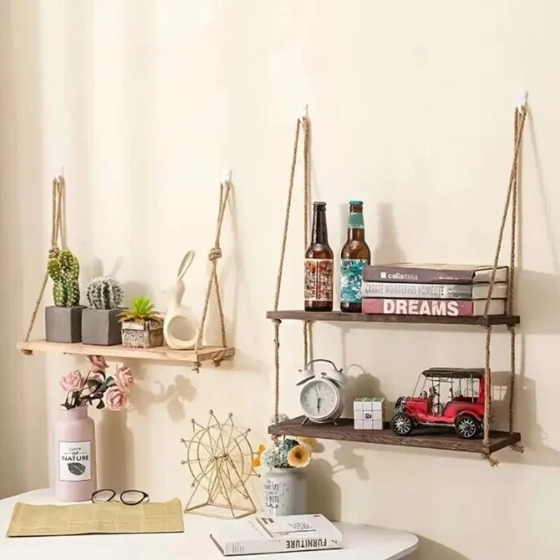 1PC 1/2/3-tier Wooden Floating Shelves for Wall Plant Flower  Hanging Rope Storager Wall Shelf Kitchen Storage    Home Decor Supply | Online Retail | ShoreShopper.com