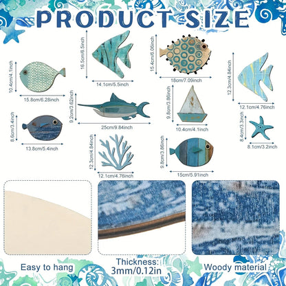 Nautical Coastal Ocean Home Wall Decor 10pcs Wooden Fish Hanging Ornament Non-3D Cute Pattern Beach Theme Bathroom Art Decor    Your Coastal Marketplace | Shoreshopper.com
