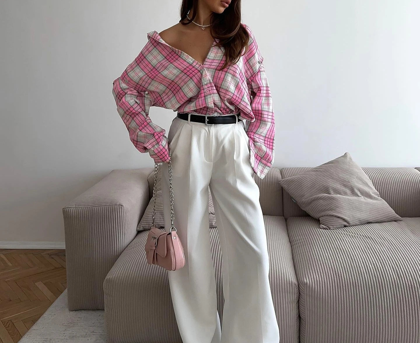 Pink Plaid Shirt for Women in Europe and America New Versatile Loose Shirt for Women Removable Long-sleeved Lapel Top    Home Decor Supply | Online Retail | ShoreShopper.com