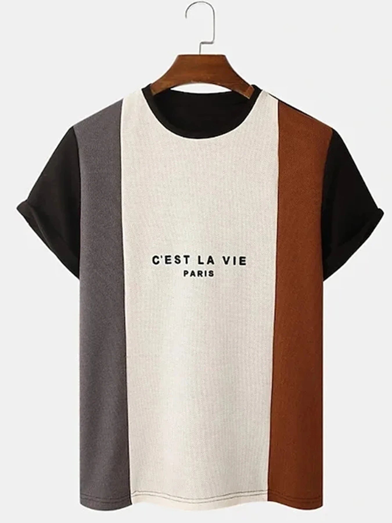 Men's C'EST LA VIE Paris Color Block T-Shirt Beige Gray Brown Casual Short Sleeve Fashion Top    Home Decor Supply | Online Retail | ShoreShopper.com