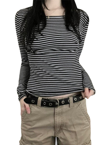Long Sleeve Shirts for Women Fashion Casual Basic Crew Neck Striped Slim Fit T-shirt Going Out Blouses Y2K Vintage Tight Shirts    Your Coastal Marketplace | Shoreshopper.com