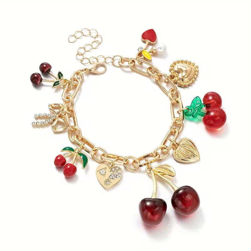Cherry Jewelry (Ring/Bracelet Optional) - Gold Tone Crystal Charm Adjustable Cute Y2K Jewelry Accessory Daily Party Holiday Gift    Home Decor Supply | Online Retail | ShoreShopper.com