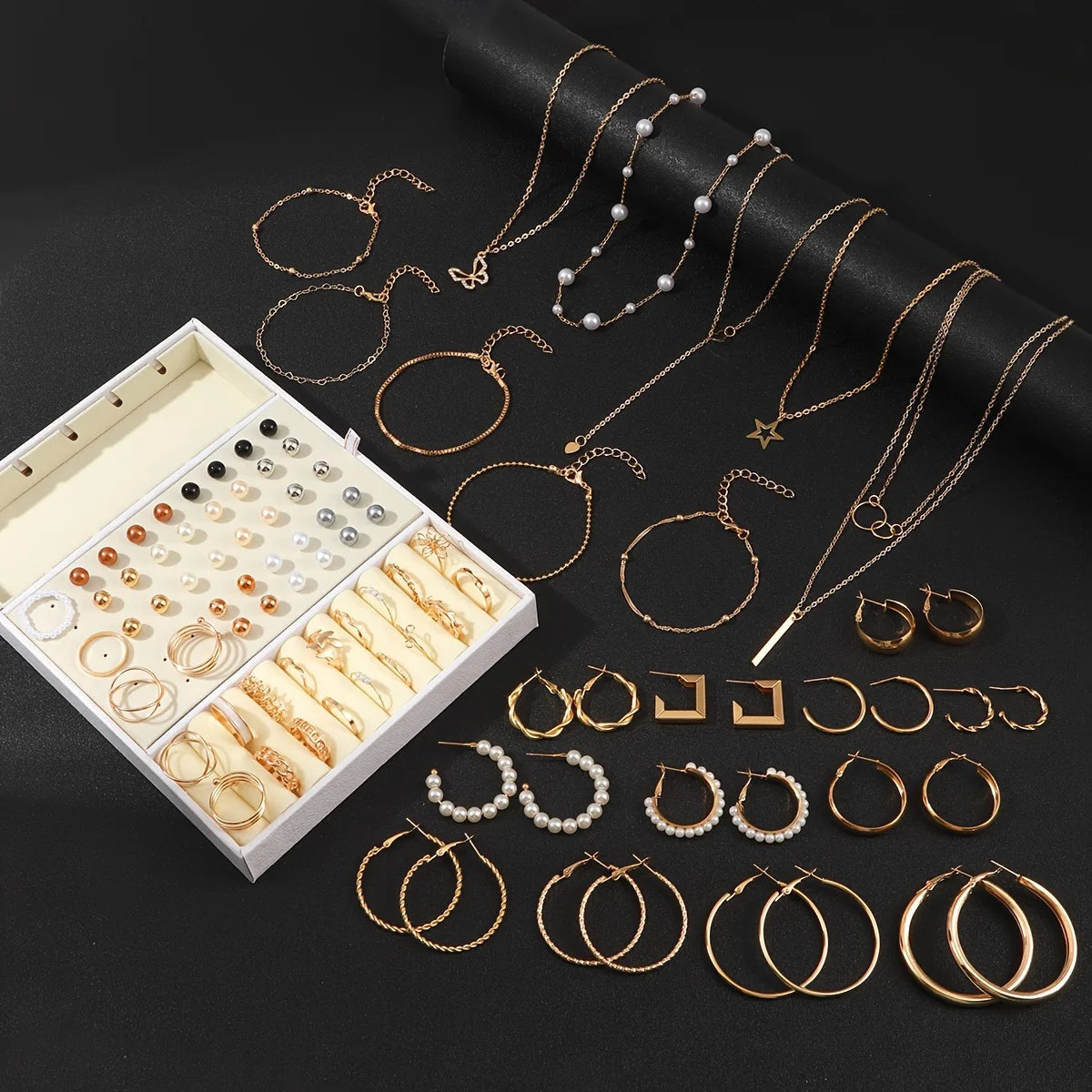 92Pcs Women's Fashion Jewelry Set Contain Hoop Earrings、Stud Earrings、Bracelet、Necklace and Ring，Versatile Daily Jewelry    Home Decor Supply | Online Retail | ShoreShopper.com
