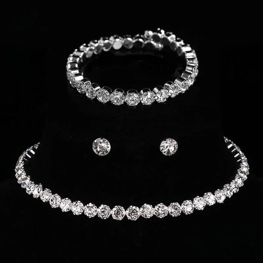 Luxury Round Crystal Jewelry Set for Women Charm Silver Color Bracelet Stud Earring Zircon Chain Necklace Wedding Party Jewelry    Home Decor Supply | Online Retail | ShoreShopper.com