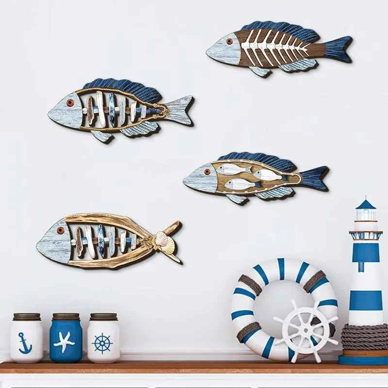 4pcs/set Ocean Fish Wall Decor Wooden Carving Art Marine Style Wood Wall Hanging Sculpture for Home Room Decoration