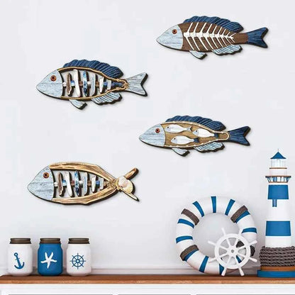 4pcs/set Ocean Fish Wall Decor Wooden Carving Art Marine Style Wood Wall Hanging Sculpture for Home Room Decoration