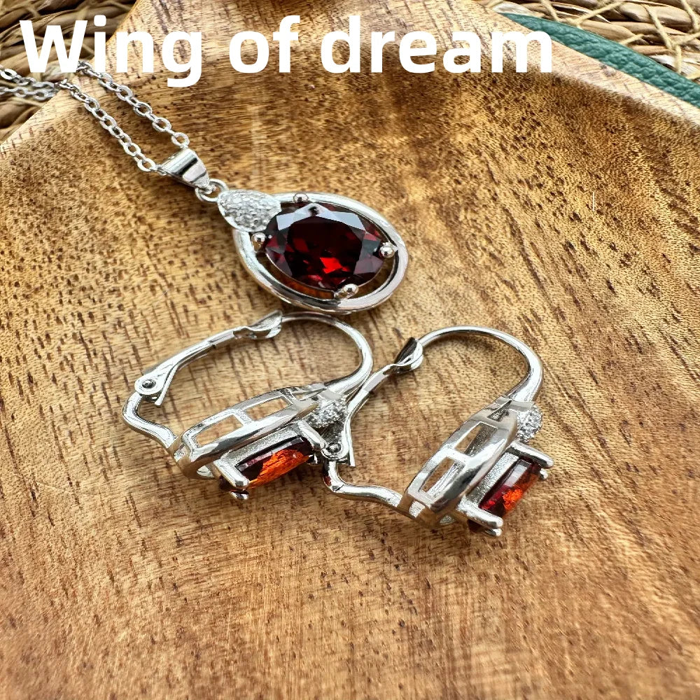 Luxury 925 Sterling Silver Jewelry Set, Inlaid With Red Crystal Zircon Necklace Earrings Ring Fashion Women's Couple Jewelry Set    Home Decor Supply | Online Retail | ShoreShopper.com