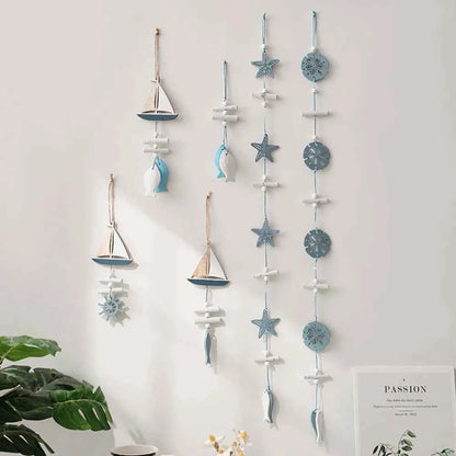Wall Hanging Hand Made Mediterranean Starfish Hung Fish Nautical Decor Hang Wood Marine Pendant for Home Decoration קישוטי קיר