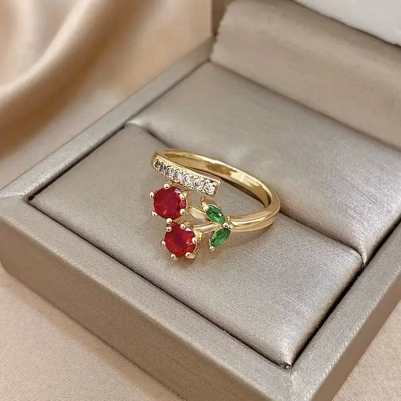 Cherry Jewelry (Ring/Bracelet Optional) - Gold Tone Crystal Charm Adjustable Cute Y2K Jewelry Accessory Daily Party Holiday Gift    Home Decor Supply | Online Retail | ShoreShopper.com