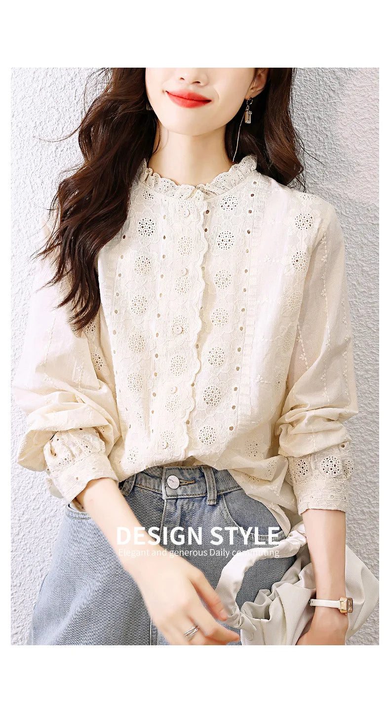 Women'S Shirt Spring Hollow Lace Ruffles O Neck Elegant Apricot Tops Long Sleeve Embroidered Cotton Shirt Vitnage Office Lady    Your Coastal Marketplace | Shoreshopper.com