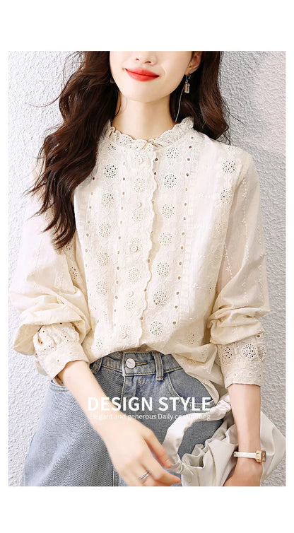 Women'S Shirt Spring Hollow Lace Ruffles O Neck Elegant Apricot Tops Long Sleeve Embroidered Cotton Shirt Vitnage Office Lady    Your Coastal Marketplace | Shoreshopper.com