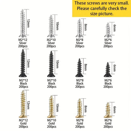 2400pcs Miniature Self-Tapping Screws, M2 Wood Screws, Phillips Head Screws, Flat Head Screws, Gold, Black, Silver Set    Home Decor Supply | Online Retail | ShoreShopper.com